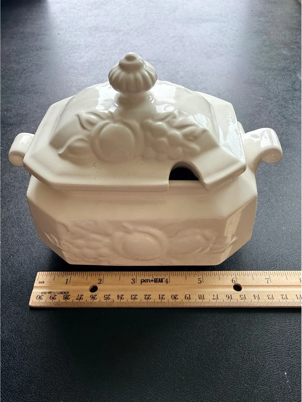 Vintage Japan White Ceramic Soup Tureen Embossed Fruit Covered Serving Bowl
